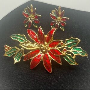 Vintage Festive Red and Green Poinsettia earrings and brooch.